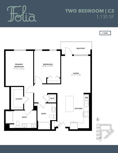 Floor plan for 2 beds, 2 baths, 1157 sqft